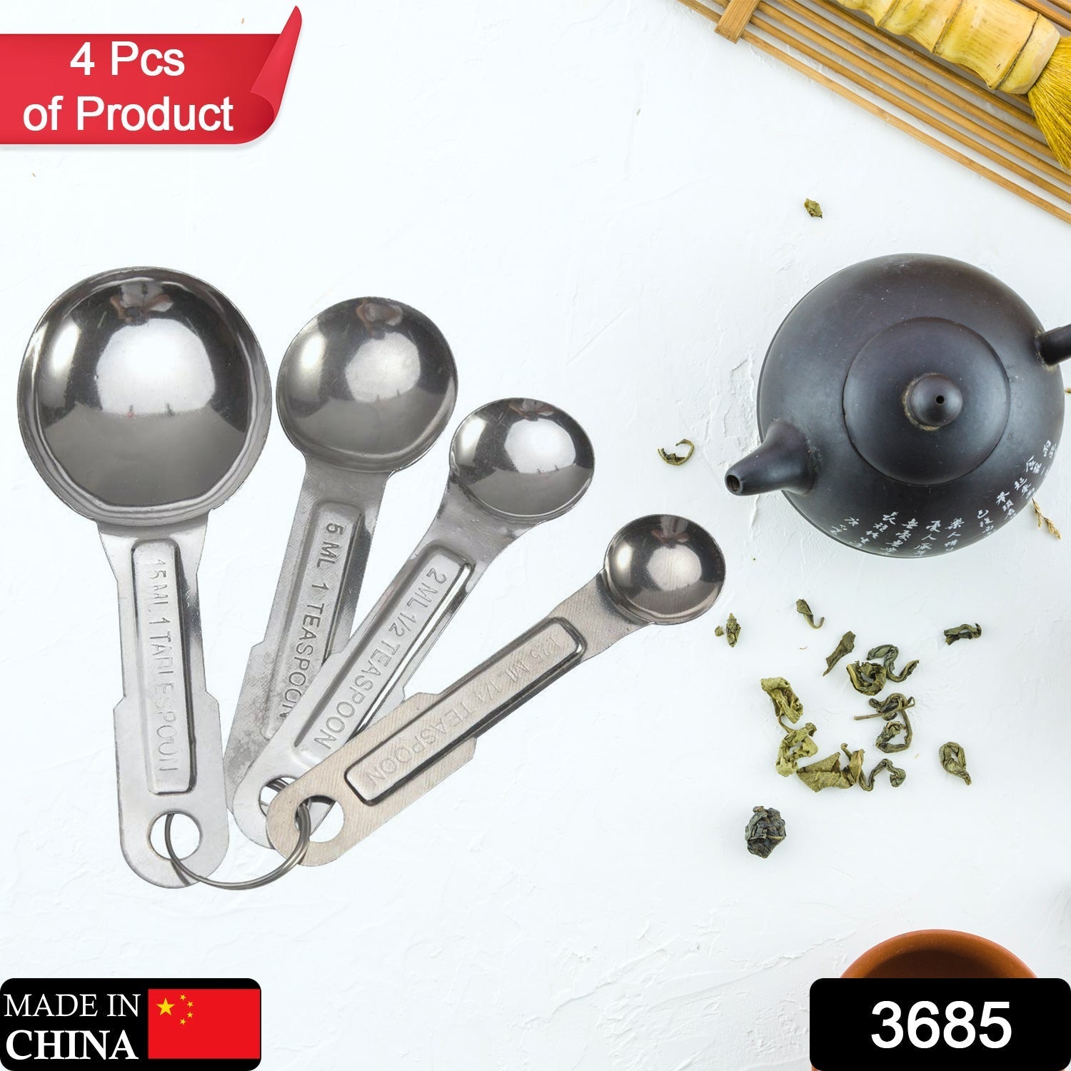 3685 Stainless Steel Measuring Spoons, 4pcs/set Durable Anti Rust Measuring Spoon Set Universal for Kitchen Baking. DeoDap