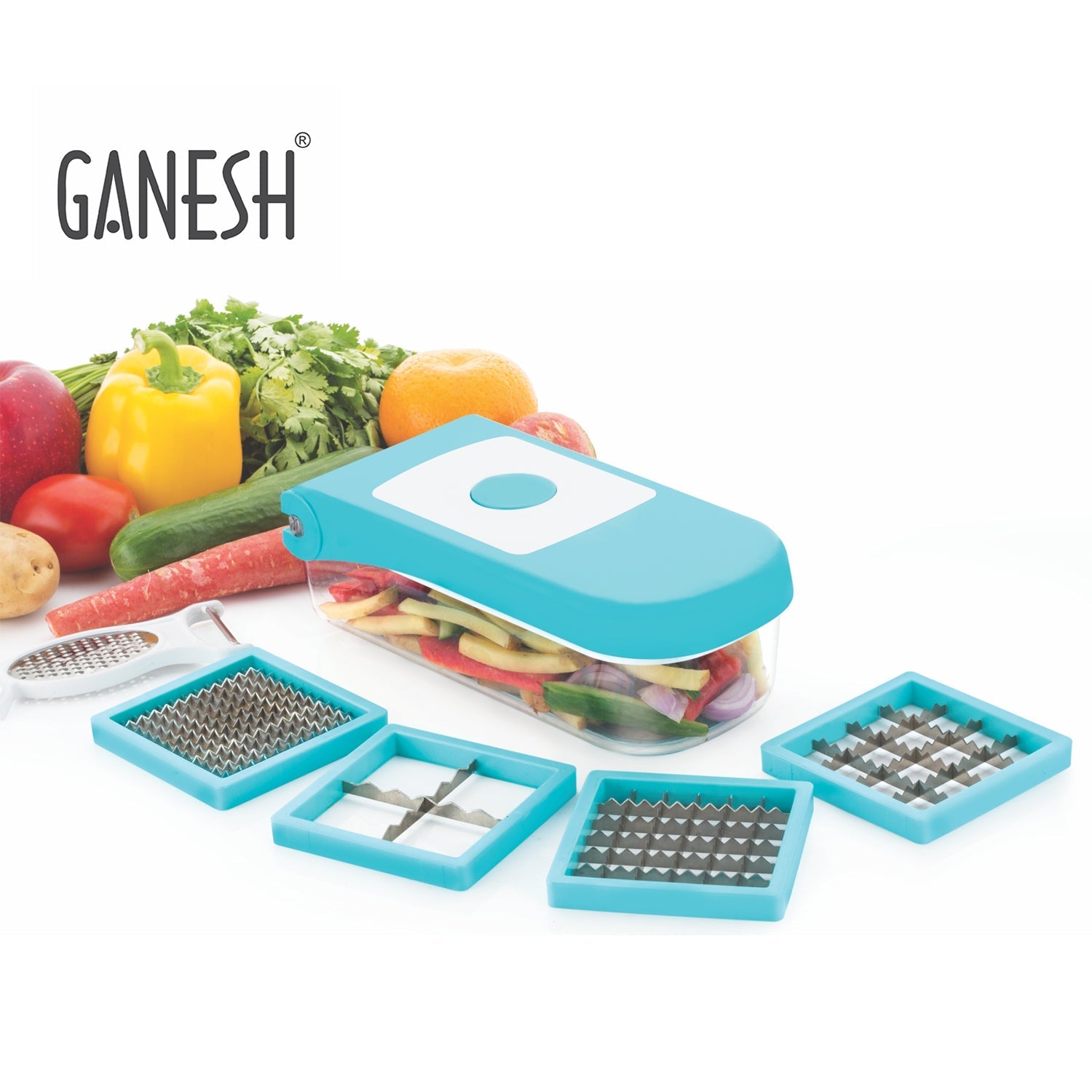 8108 Ganesh 7 in 1 Plastic Vegetable Dicer, Blue DeoDap