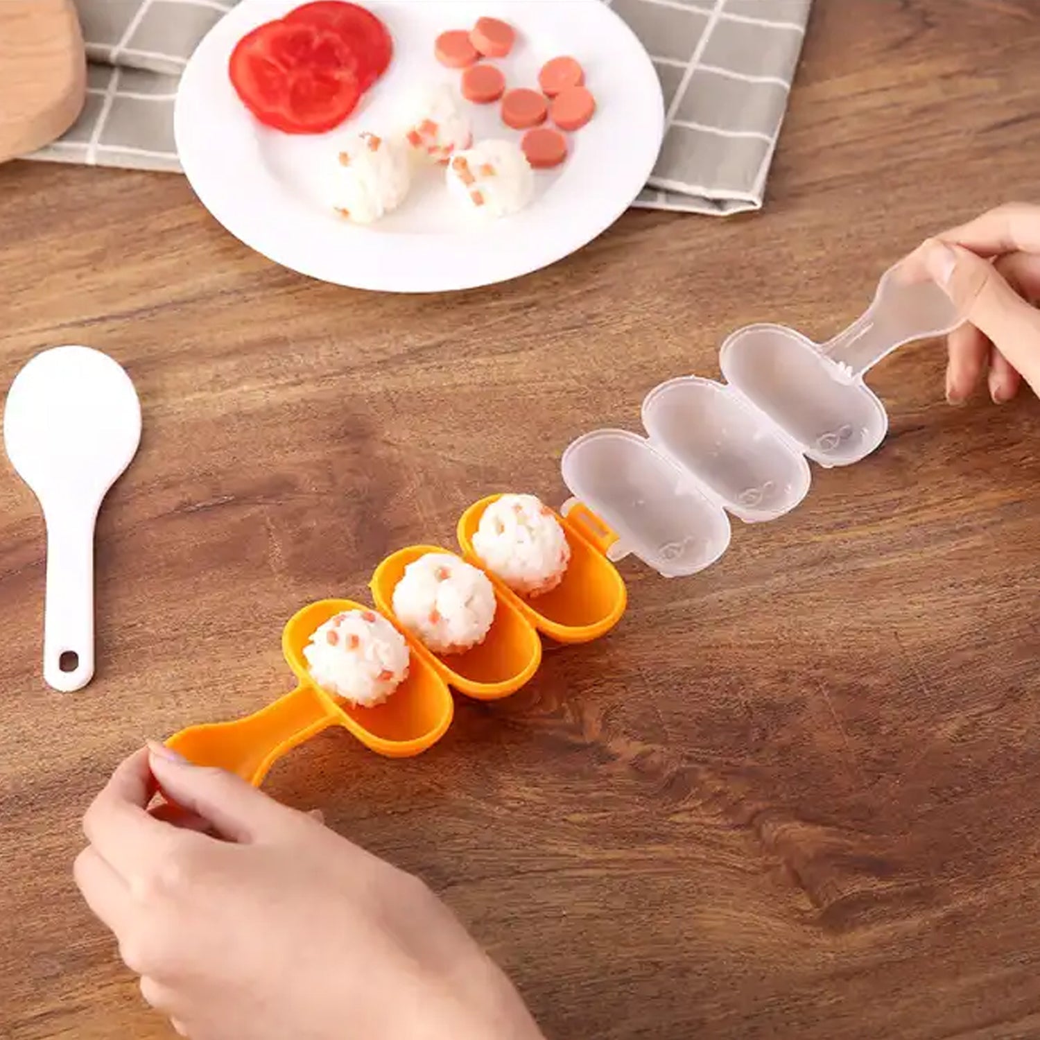 5826 Rice Ball Mould Shaker Sushi Roll Maker 3 Compartment Kitchen Tools for Kids Shake DIY Lunch with a Mini Rice Paddle for Home Party Meal Make, Kids DIY Lunch Maker Mould