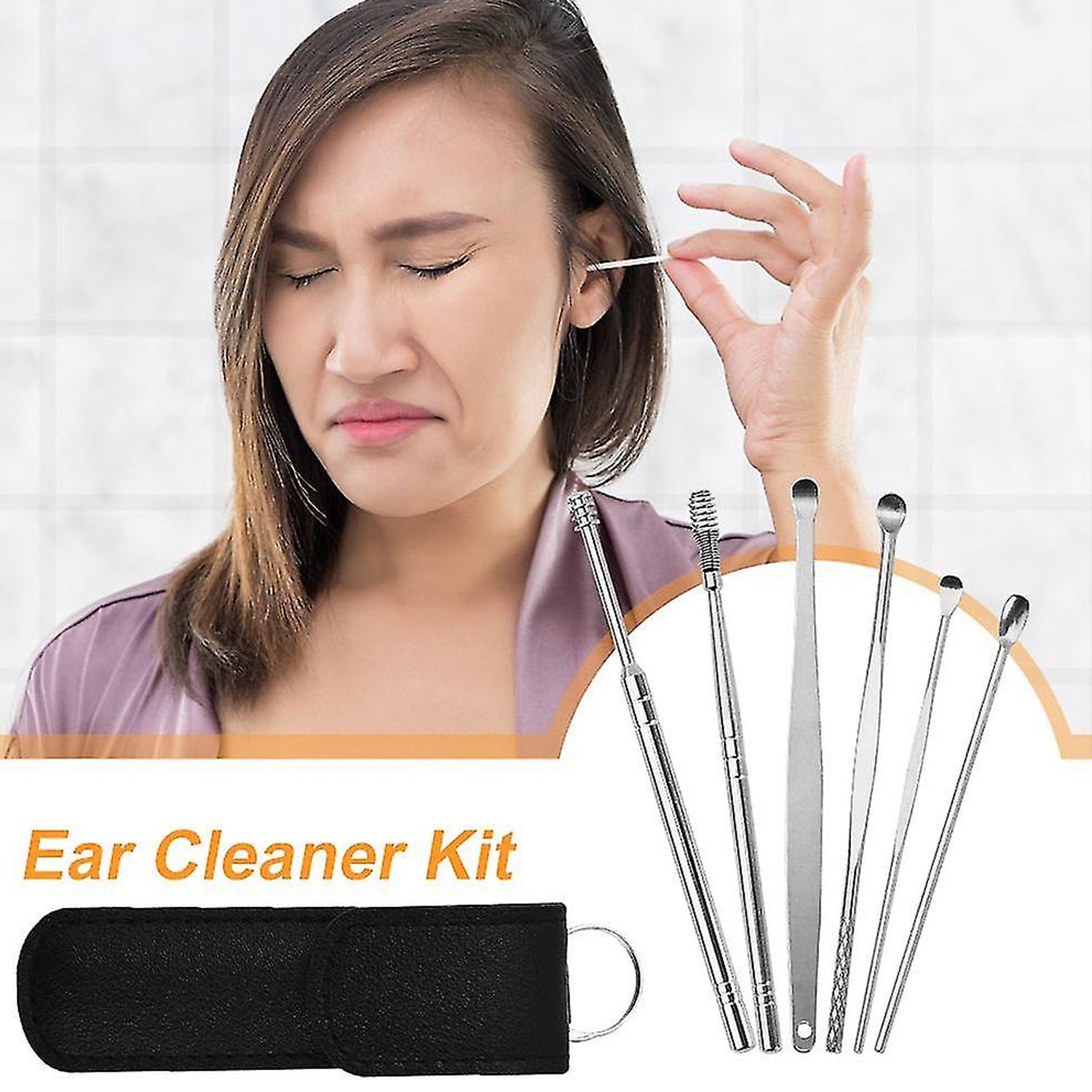 6317   6-in-1 Ear Wax Cleaner- Resuable Ear Cleaning Tools Leather Pouch - Ear Pick Wax Remover Tool Kit with Ear Curette Cleaner and Spring Ear Buds Cleaner Fit in Pocket Great for Traveling DeoDap