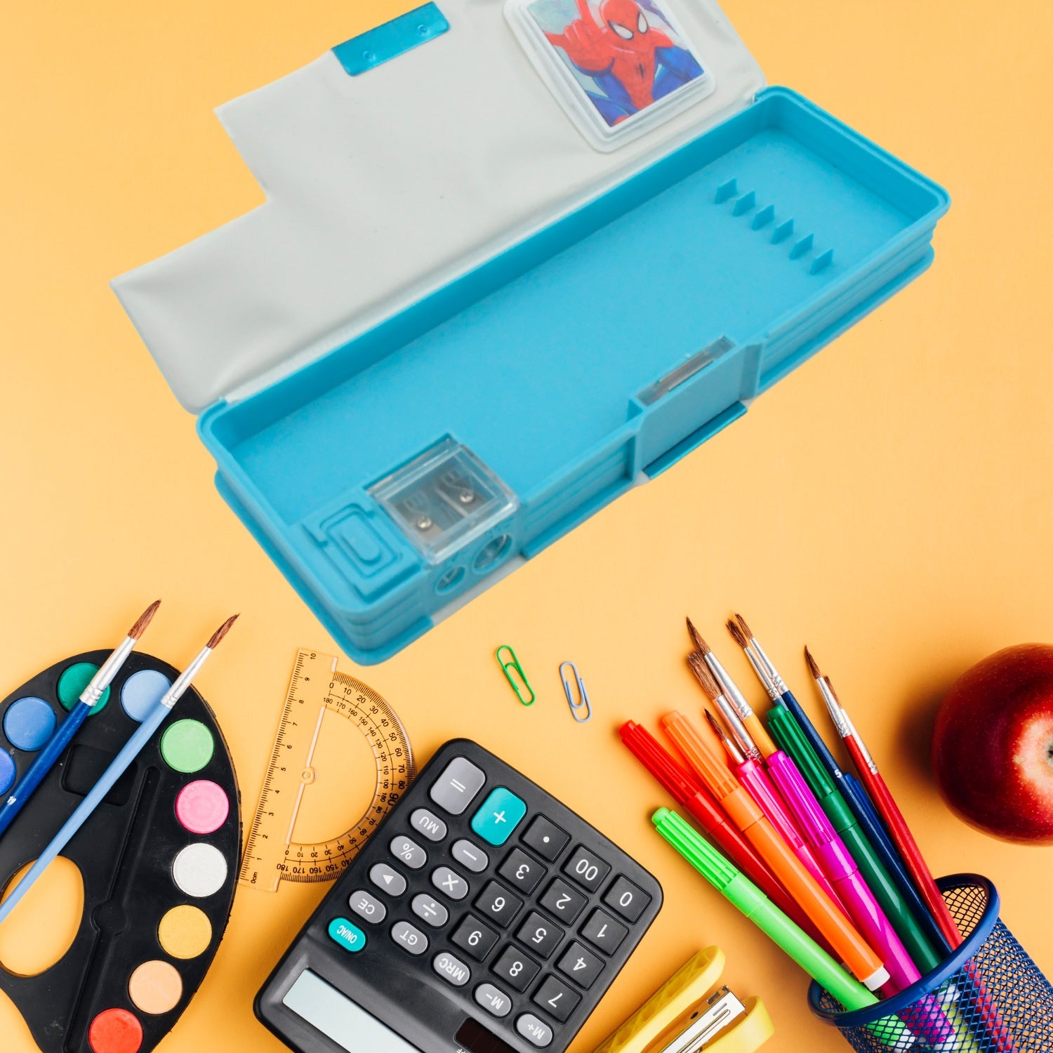 4260 Art & Stationery Cartoon Multi-functional Geometry Box for Boys with Inbuilt Calculator, 2 Sides Open and Double Sharpener Stationery Kit Pencil Box for Boys Art Plastic Pencil Box  for Girls and Boys