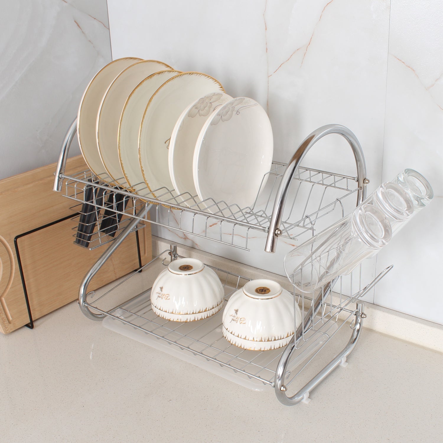 7670 Kitchen Dish Cup Drying Rack 2 Tier Drainer Dryer Tray Cutlery Holder Organizer 59cm DeoDap