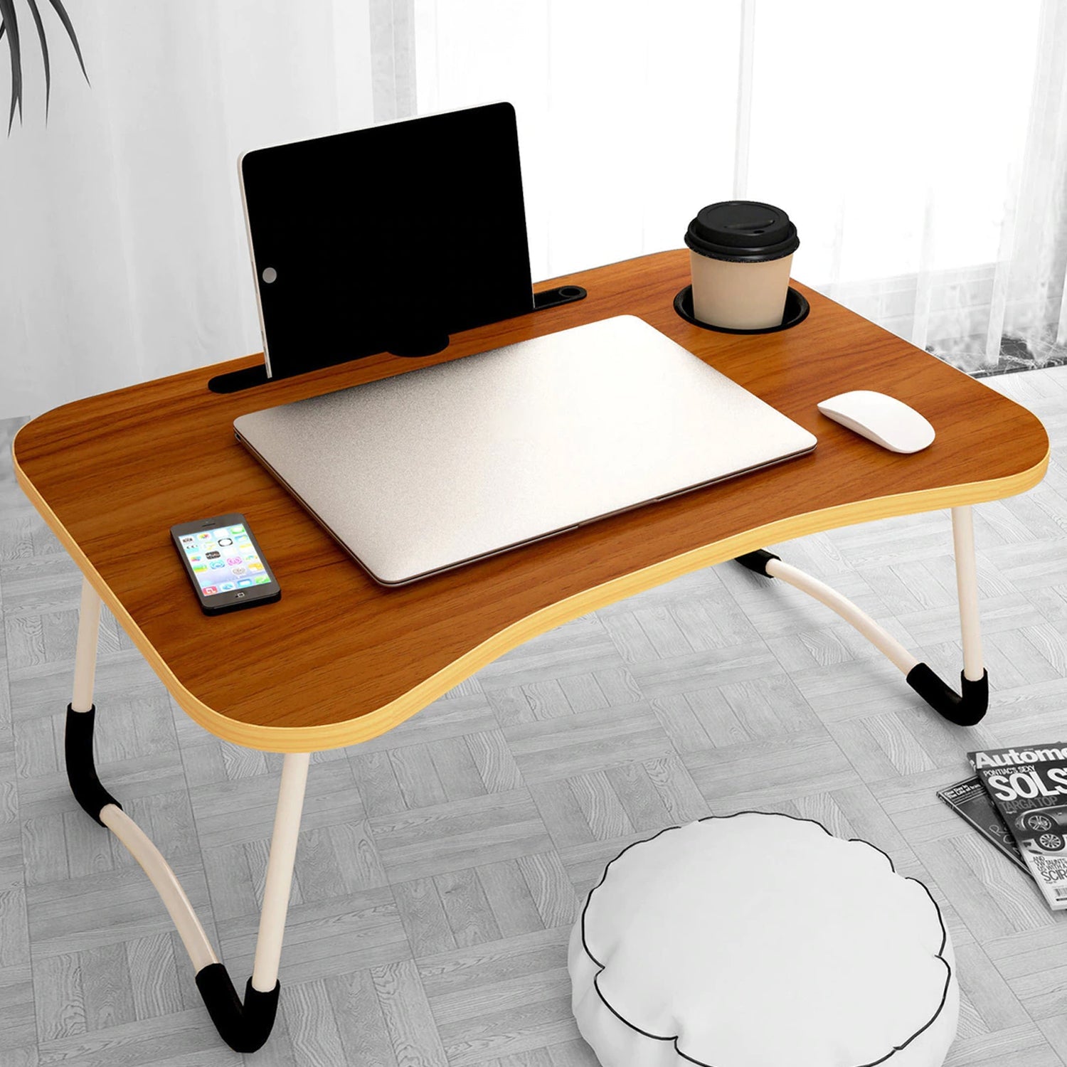 4990 Laptop Table Foldable Portable Notebook Bed Lap Desk Tray Stand Reading Holder with Coffee Cup Slot for Breakfast, Reading & Movie Watching. DeoDap