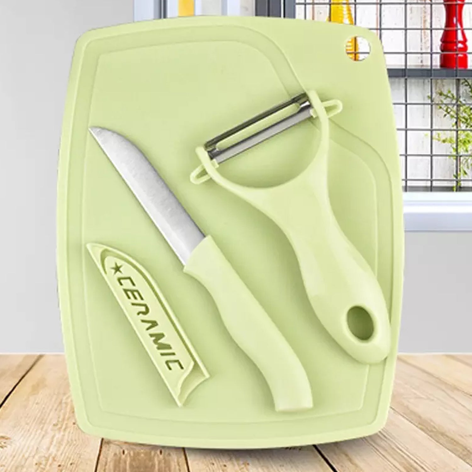 5207 Plastic Kitchen Peeler - Green & Classic Stainless Steel 3-Piece Knife Set Combo DeoDap