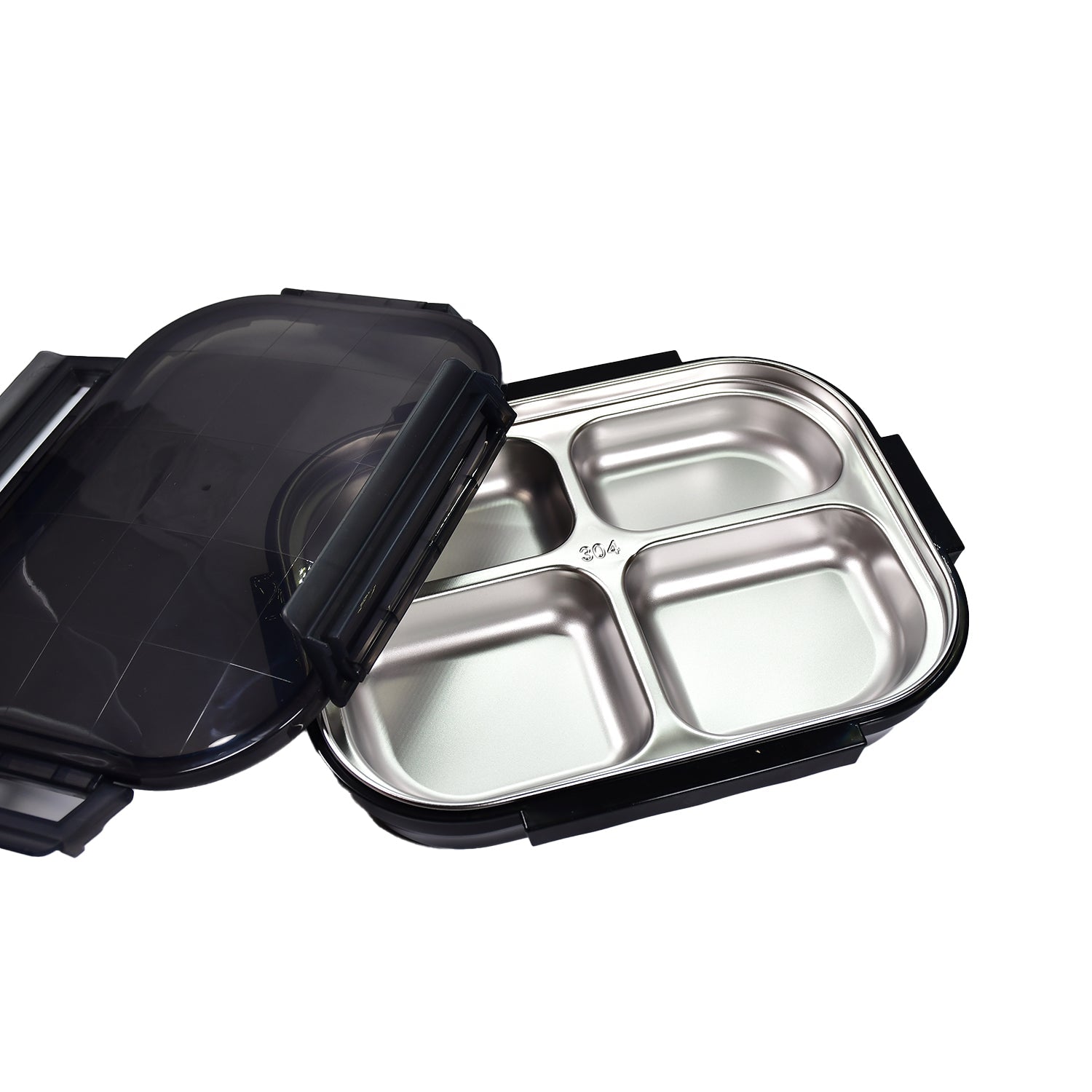 2979 Black Transparent 4 Compartment Lunch Box for Kids and adults, Stainless Steel Lunch Box with 4 Compartments. DeoDap