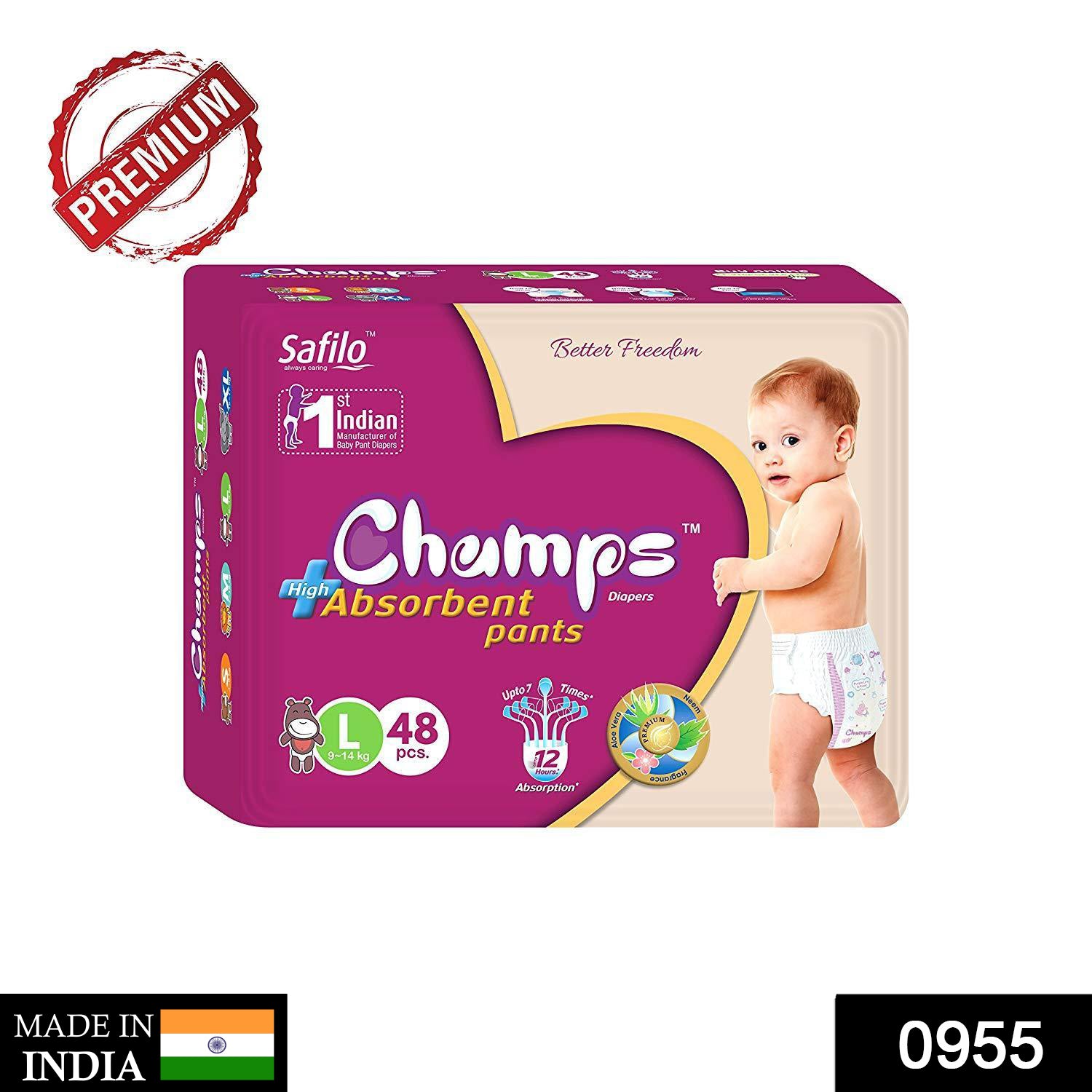 955 Premium Champs High Absorbent Pant Style Diaper Large Size, 48 Pieces(955_Large_48) Champs