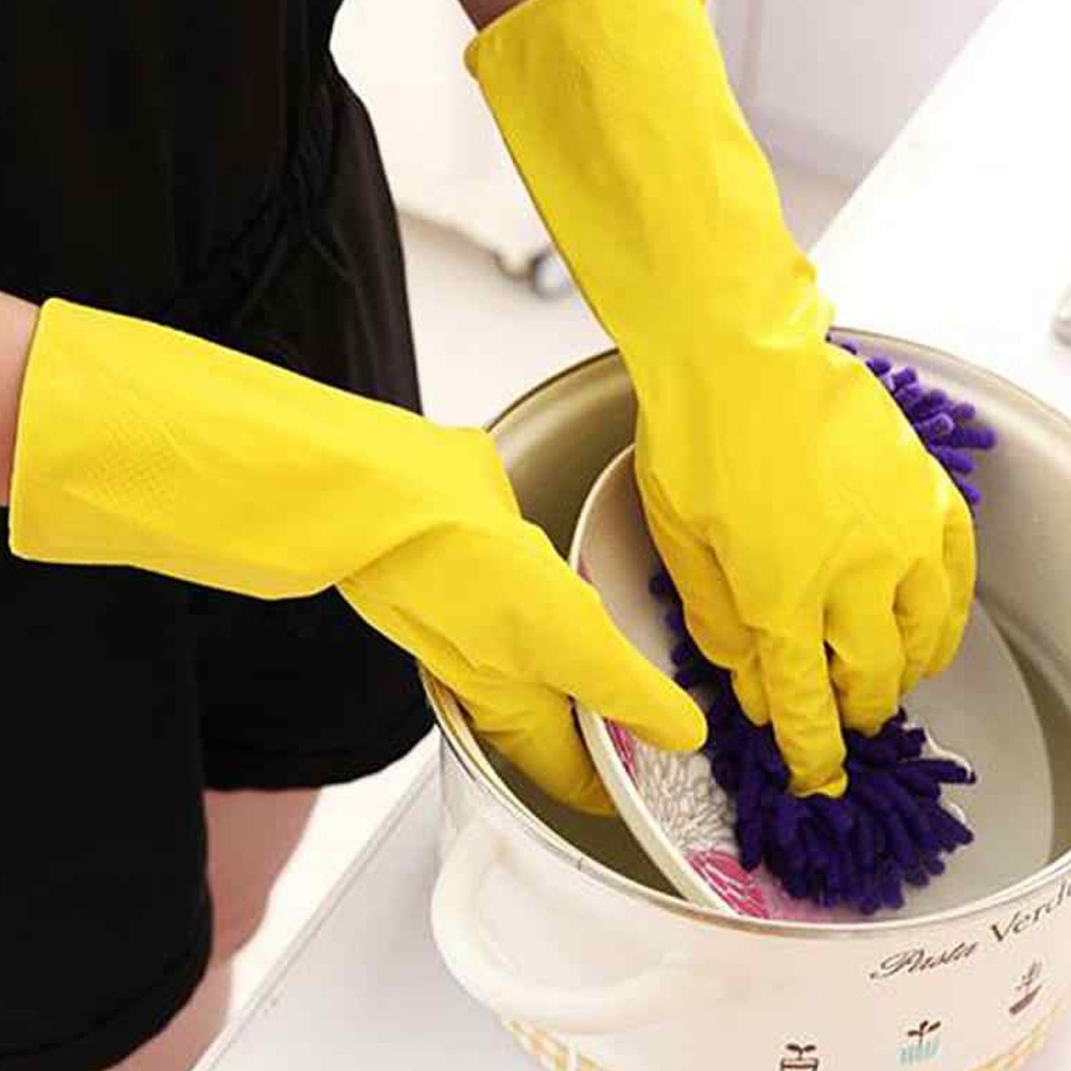 4853 Pair Of 2 Large Yellow Gloves For Types Of Purposes Like Washing Utensils, Gardening And Cleaning Toilet Etc. DeoDap