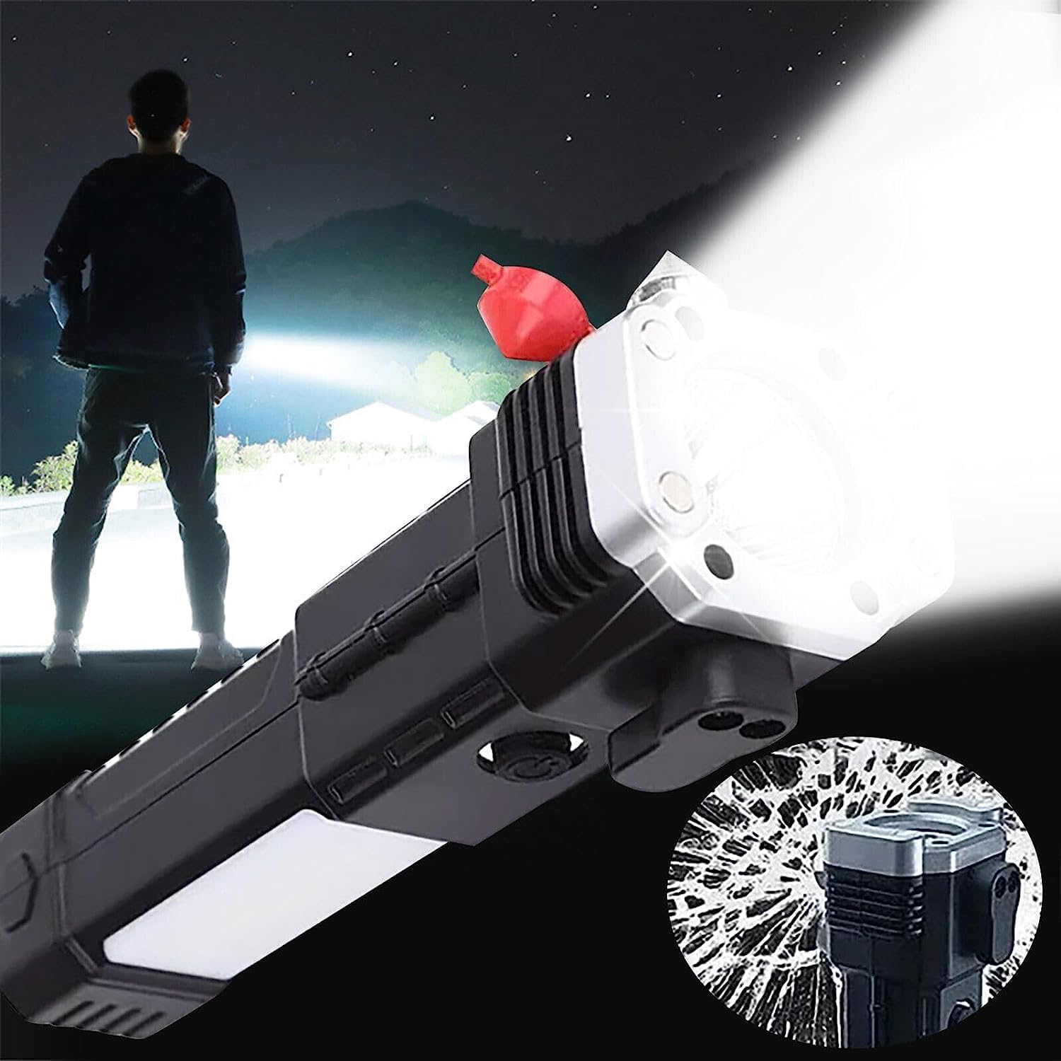 Portable 3w Rechargeable Torch LED Flashlight Long Distance Beam Range, Hammer and Strong Magnets, Window Glass and Seat Belt Cutter 4 Modes for Car Camping Hiking Indoor Outdoor