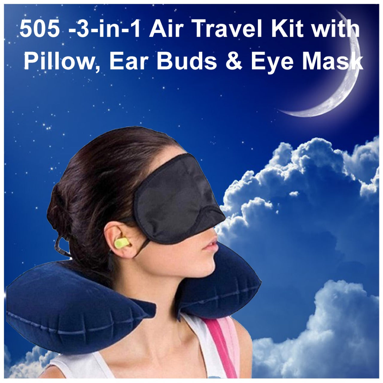 505 -3-in-1 Air Travel Kit with Pillow, Ear Buds & Eye Mask Homeworld company WITH BZ LOGO